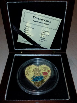 Ασημένιο νόμισμα Νήσων Μαριάνων 5 Dollars 2005 Proof καινούργιο, καρδιά έγχρωμο