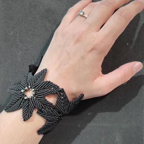 Macrame bracelet handmade new, black flower