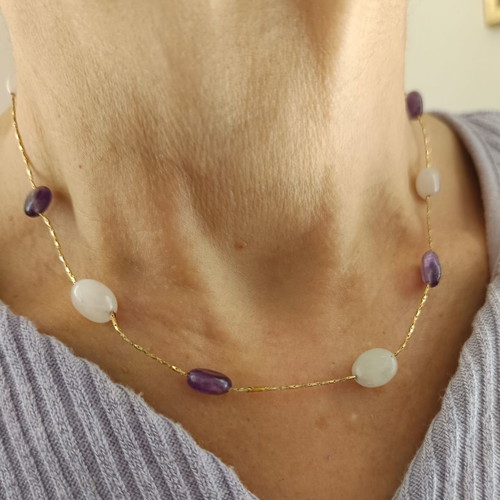 Handmade necklace with pink quartz and amethyst stones new