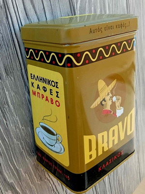 Bravo Metal Greek Coffee Tin used, collectible 2010 packaging