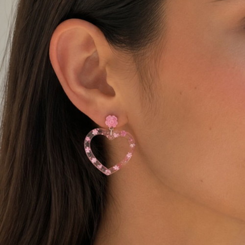 Handmade heart earrings with pink flower, new