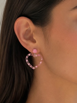 Handmade heart earrings with pink flower, new