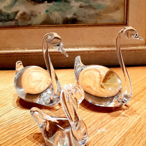 Set of 3 Crystal Swan Figures Kosta Boda & Hering Crystal new