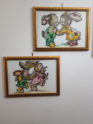 Embroidery panels with bunnies new, set of 2 framed