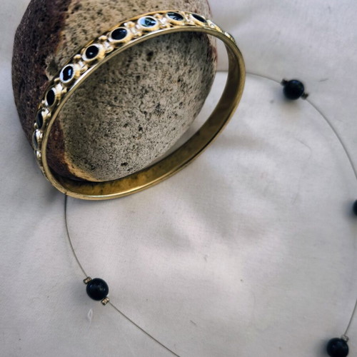 Black bead necklace and bracelet set stainless steel, new