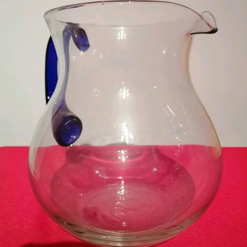 Vintage crystal pitcher with handmade cobalt blue handle, like new