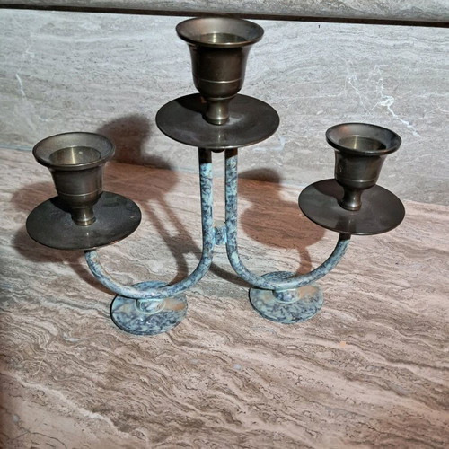 Vintage metal triple candlestick used with natural patina