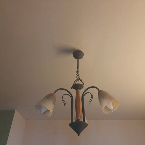 Ceiling light like new, metal glass and wood