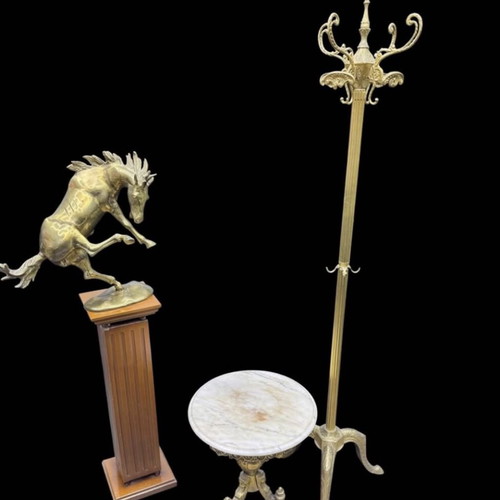 Brass vintage set used, Belgian coat rack, horse statue, marble table