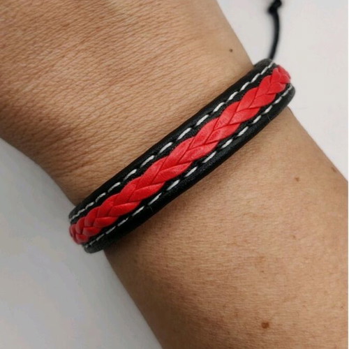 Men's adjustable bracelet synthetic leather red and black