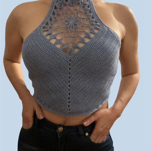 Crochet Halter Crop blue, new, size M