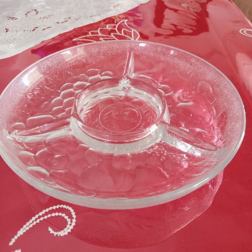 Glass serving platter with 3 compartments used, embossed design