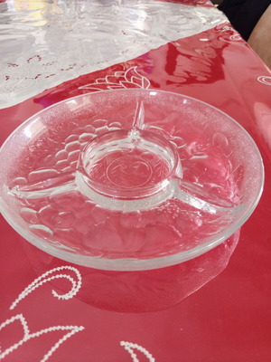 Glass serving platter with 3 compartments used, embossed design