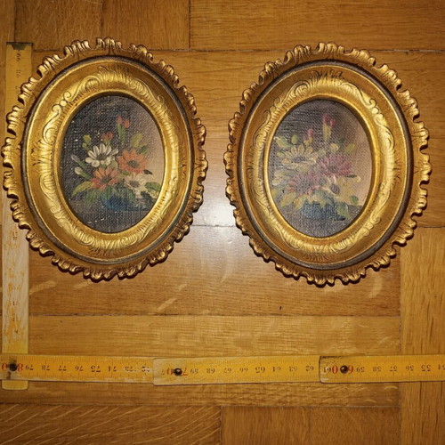 Pair of small oval paintings with embossed gold frames, like new