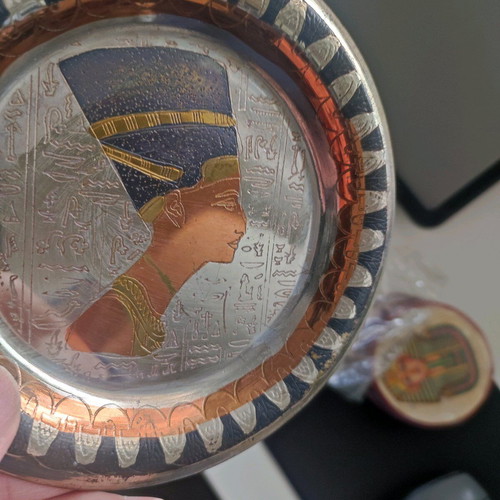 Decorative plates with Egyptian motifs like new, handmade metal coasters