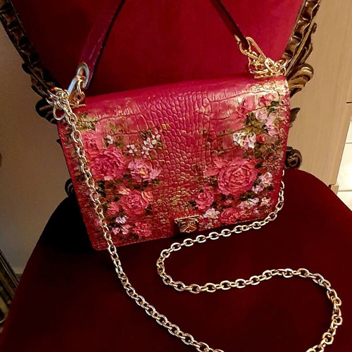 Leather crossbody bag red with hand-painted floral design new