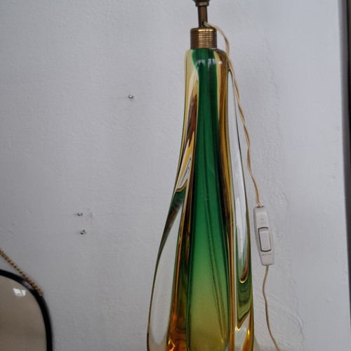 Murano Sommerso Table Lamp used, hand-blown green and amber glass with brass ring