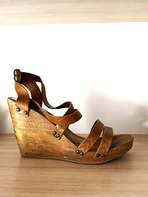 Pull & Bear summer women's platform sandals used, size 37, brown leather and wood