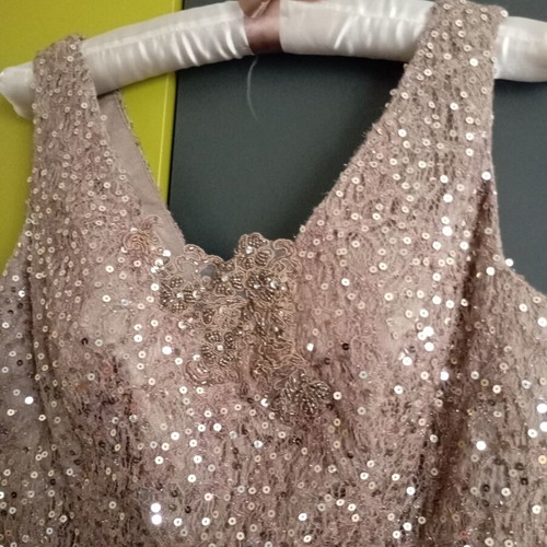 Handmade silk blouse with beads and sequins, S/M, beige, made in France