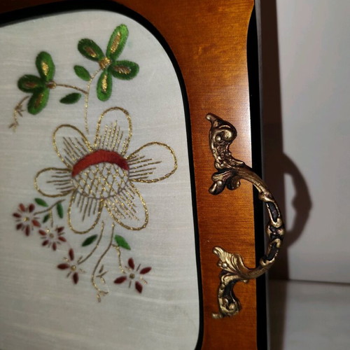Wooden tray with handmade vintage embroidery used, glass top and two handles
