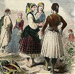  1854 Παραδοσιακές φορεσιές  Ελλήνων στην  περιοχή της Κριμαίας στον Εύξεινο Πόντο ( Μαύρη Θάλασσα ) επιχρωματισμένη ξυλογραφια