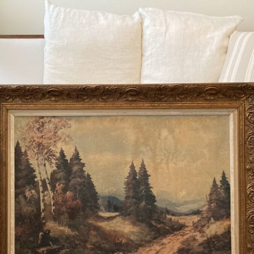 Large 1950s painting with period golden frame and mountain subject signed Heimbach used
