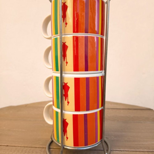 Bialetti Cappuccino Cup Set with Stand, like new, 4 multicolour cups