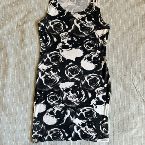 Skull Rose Viscose Mini Vest Dress S/M, excellent pre-loved condition