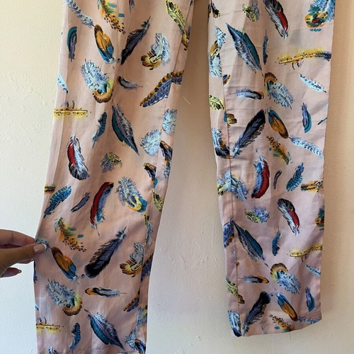 Satin pants like new, pink with feather pattern, sizes S/M