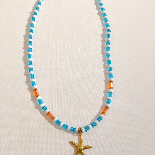 Necklace 4933 handmade, blue and orange