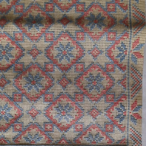 Embroidered table runner with geometric design on khaki canvas, new