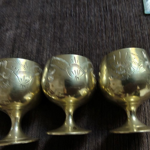 Vintage brass liqueur glasses set of 6 with engraved designs, handmade