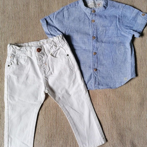 Zara Baby Boy set 12-18 months, pants and shirt, white and blue
