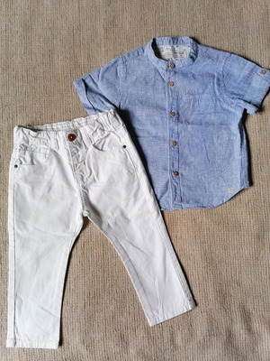 Zara Baby Boy set 12-18 months, pants and shirt, white and blue