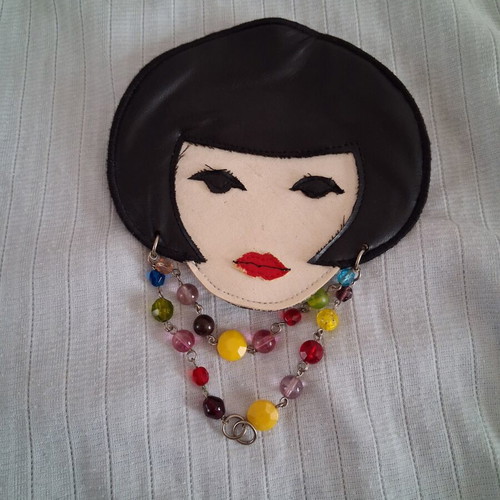 Statement brooch Art Doll Face like new, colorful beads