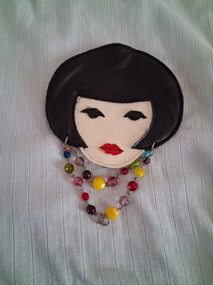 Statement brooch Art Doll Face like new, colorful beads
