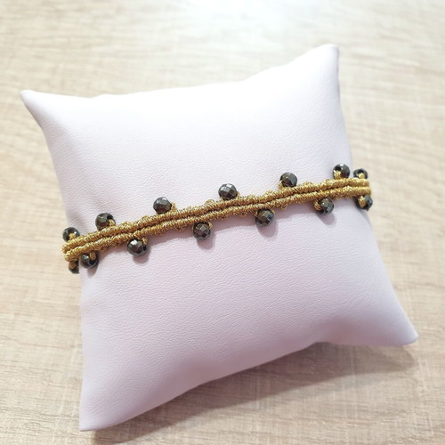 Handmade macrame bracelet with metallic gold cord and hematite stones new
