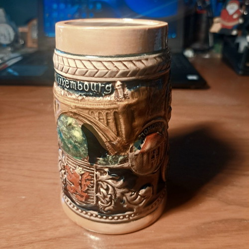 Vintage ceramic beer mug with embossed Luxembourg scenes, like new