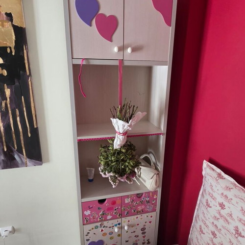 Children's bedroom set used with 2 bookshelves, desk, shelves, and bunk bed with mattresses
