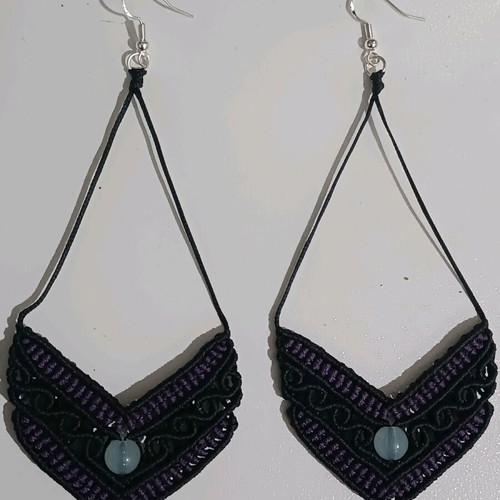 Macrame hanging earrings new, black and purple with silver 925 hook