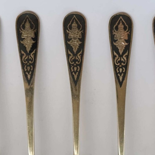 Silver 925 Tea Spoons Siam Set of 5 Used with Black Enamel Handles