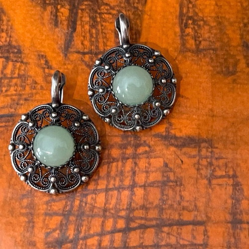 Silver earrings handmade filigree 925 with nephrite stone