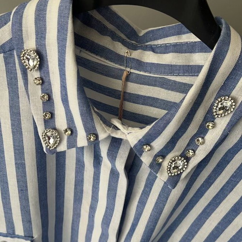 Women's blouse white and blue striped with rhinestones plus size, like new