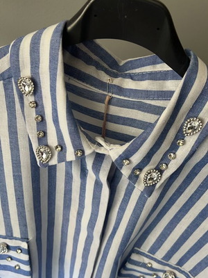 Women's blouse white and blue striped with rhinestones plus size, like new