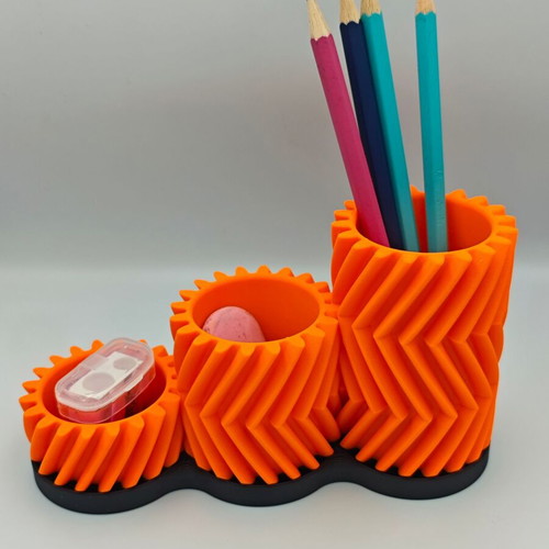 3D Printed 3-Compartment Pencil Holder with Moving Gears, custom colors