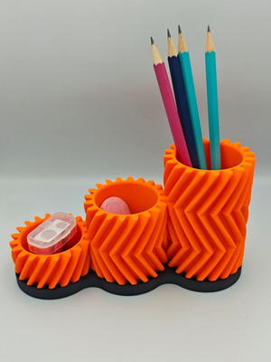 3D Printed 3-Compartment Pencil Holder with Moving Gears, custom colors