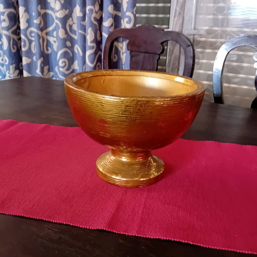 Large round decorative vase used, gold-bronze with gray lines