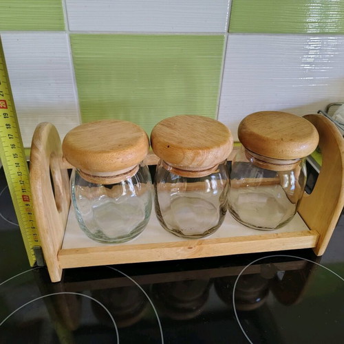 Set of 3 glass containers with wooden lid and base like new