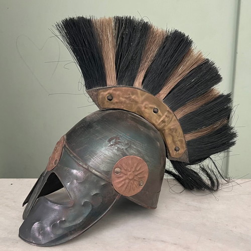 Tin helmet used with copper parts and wooden crest