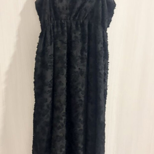 Black evening dress like new, embossed fabric, elastic waist, 7/8 length